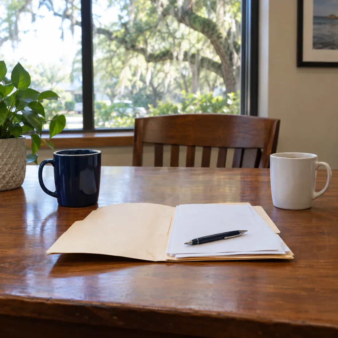 An office desk set for a client meeting: two coffee mugs, an open folder and a pen, with a live oak outside the window